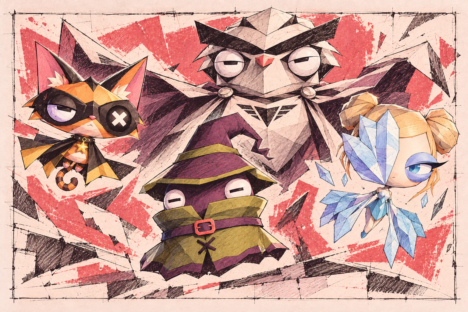 Comic cast portrait of Mr. Wizard, Sovereign, a goggle-wearing cat and a crystal-masked character.