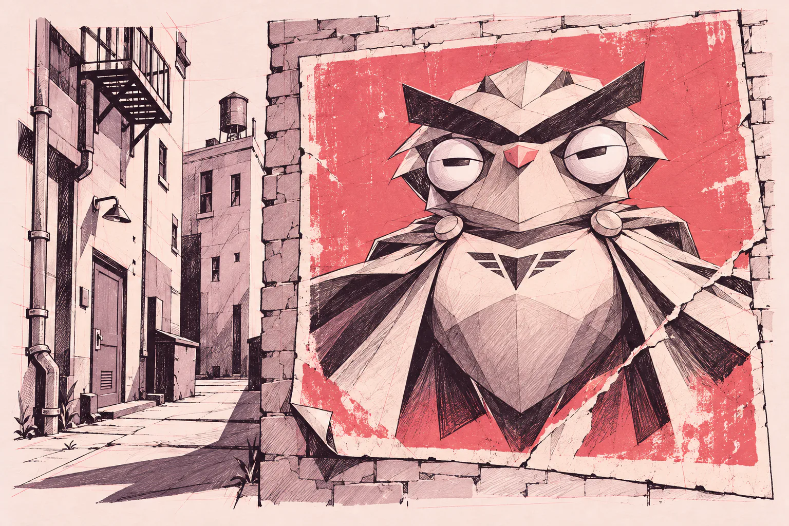 Sovereign street-poster illustration in ink and muted coral.